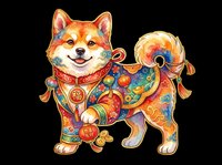 Shiba Inu dog wearing ornate red and gold traditional Asian festival costume with decorative patterns, isolated on transparent background, ready for t-shirt design, clipart, stickers, and print-on-demand products.