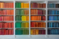 Books arranged by color on white wooden shelves creating rainbow spectrum from red to blue. Library or bookstore interior with organized color-coded collection.