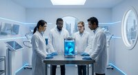 Diverse medical team of doctors examining holographic brain scan in futuristic laboratory with advanced technology equipment.