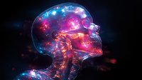 Glowing translucent skull with vibrant pink and blue nebula effects inside, side view on dark background showing detailed anatomical features and cosmic elements.