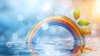 Magical rainbow arch emerging from tranquil water surface with floating autumn leaves and water drops, creating dreamy reflections against soft bokeh background.
