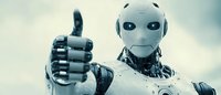 Futuristic white robot with friendly expression showing thumbs up gesture against blurred background, representing artificial intelligence and positive technology.