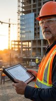 Senior construction engineer with tablet reviewing building plans at sunset on active construction site with crane and high-rise development in background.