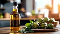 Fresh artichokes on wooden plate with olive oil bottle in warm sunlit kitchen setting, creating appetizing Mediterranean food composition.