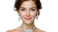 Young Caucasian woman with natural makeup wearing luxury crystal necklace and earrings set, elegant updo hairstyle, genuine smile against white background.