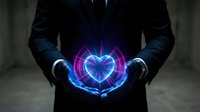 Businessman in dark suit holding glowing blue and purple heart hologram with energy rings between cupped hands against blurred background.