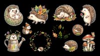 Hedgehog isolated on transparent background, ready for t-shirt design, clipart, stickers, sublimation and print-on-demand products. Multiple cute woodland animal characters with autumn foliage elements.