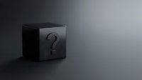 Black cube with question mark symbol on dark gradient background representing mystery, uncertainty, and unknown concepts for business presentations.