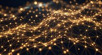 Abstract golden network connections with glowing nodes and flowing data streams creating dynamic digital mesh pattern on dark background for technology concepts.