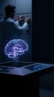 Male scientist examining holographic brain projection from tablet in modern laboratory for neuroscience research and medical technology applications.