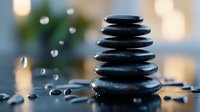 Balanced black spa stones stacked in zen formation with water drops on reflective surface against soft bokeh background, creating peaceful atmosphere.