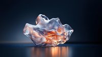 Luminous translucent glass sculpture with organic flowing forms catching warm orange light against dark background, creating dramatic reflections on glossy surface.