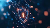 Glowing digital shield with exclamation mark surrounded by network connections on dark background with bokeh lights represents cybersecurity concept.