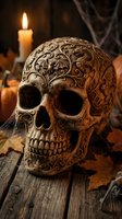 Ornate carved skull with intricate floral patterns on rustic wooden table with candle and autumn leaves for Halloween decoration and gothic design projects.