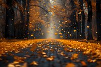 Magical autumn forest path with golden falling leaves and mystical morning fog creating atmospheric mood perfect for seasonal backgrounds and nature photography.