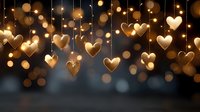 Golden heart-shaped lights hanging with warm bokeh background for romantic celebrations, Valentine's Day decorations, wedding events, love themes.