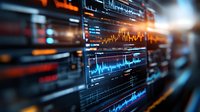 Financial market data visualization with glowing orange and blue charts showing trading analytics on multiple dark screens with dynamic stock price movements.