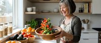 Smiling mature Caucasian woman preparing fresh vegetable salad in modern kitchen with natural light. Healthy cooking and nutrition lifestyle concept.