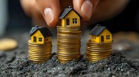 Small yellow houses placed on stacks of golden coins against dark soil background, representing real estate investment, property market, and financial growth concept.