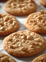 Fresh baked macadamia nut cookies with golden brown edges and creamy white chunks arranged on parchment paper, showing crispy texture and rich buttery surface.