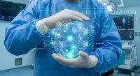 Surgeon in blue scrubs holding glowing digital brain with network connections in modern operating room representing medical technology innovation.