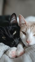 Close-up portrait of black and white cats lying together on soft blanket, showing contrast between dark and light fur, whiskers and eyes in gentle natural light.