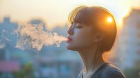 Young Asian woman exhaling vapor at sunset with city skyline background, creating atmospheric mood with backlit smoke and golden sunlight glow.
