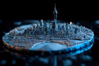 Futuristic miniature cityscape with glowing blue highlights featuring modern skyscrapers and urban architecture on circular platform against dark background.