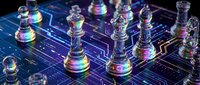Futuristic glass chess pieces with holographic rainbow effects on glowing circuit board background representing AI strategy and digital intelligence concepts.