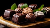 Assorted luxury chocolate pralines and truffles with dark, milk and white chocolate decoration on wooden board with green leaves, dark background, macro food photography.