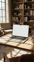 Open laptop with blank white screen on wooden desk in cozy home office with bookshelf, natural sunlight streaming through window creating warm workspace atmosphere.