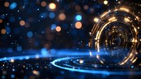 Glowing circular technology pattern with blue and gold light trails against dark background, creating futuristic spiral effect with bokeh elements.