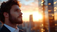 Young bearded businessman in suit looking confidently at city skyline during golden hour sunset with urban buildings and warm lighting.