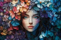 Surreal portrait of woman with cracked porcelain skin and bright blue eyes surrounded by vibrant coral, blue and purple flowers creating ethereal fantasy atmosphere.