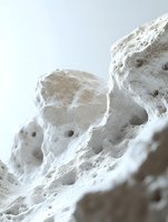 White porous mineral formation with natural holes and cavities creating abstract sculptural shapes against neutral background for modern design.