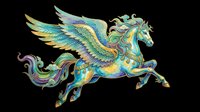 Ornate winged horse with flowing mane and tail, featuring intricate gold, turquoise, and green decorative patterns. Isolated on transparent background, ready for t-shirts, clipart, stickers, and print-on-demand designs.