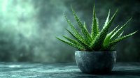 Succulent aloe plant with spiky green leaves in dark stone pot against moody atmospheric background with soft fog effect and dramatic lighting.