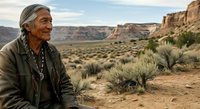 Senior man with gray hair and Native American heritage wearing olive jacket and silver necklace smiling in desert landscape with canyon rock formations and sparse vegetation.