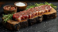 Raw beef tenderloin steak seasoned with spices on rustic wooden board with rosemary sprigs, salt and peppercorns on dark background.