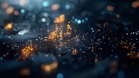 Glowing circuit board paths with orange and blue bokeh lights creating futuristic technology landscape in macro photography, abstract digital background for tech concepts.