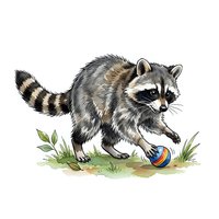 Playful raccoon with striped tail playing with colorful ball on grass, isolated on white background for design projects and merchandise applications.