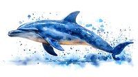 Watercolor dolphin with splashing water effect in blue tones, swimming gracefully through ocean spray and paint splatters on white background.