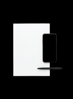 Smartphone with blank screen, pen, and white paper isolated on transparent background. Ready for stickers, clipart, print on demand, and T-shirt design use.