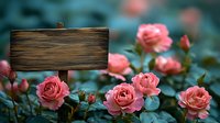 Wooden sign board surrounded by blooming pink roses in garden setting. Perfect for romantic messages, wedding announcements or floral displays.