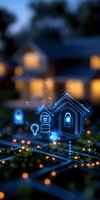 Glowing smart home icons float above suburban house at dusk, with digital network connections and bokeh lights creating futuristic home automation concept.