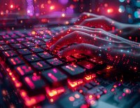 Futuristic cyberpunk hands typing on glowing keyboard with neon lights and digital effects for technology and gaming concepts.