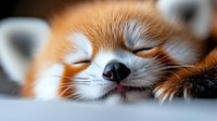 Sleeping red fox close-up showing peaceful expression with closed eyes and visible nose detail against blurred background, capturing tender moment of wildlife at rest.