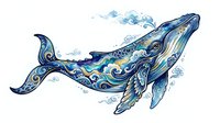 Ornate whale with swirling blue and gold patterns swimming through water, featuring decorative flourishes and flowing design elements for marine art and ocean-themed projects.