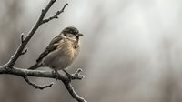 Small brown sparrow perched on bare winter branch with soft blurred background for nature and wildlife photography projects.
