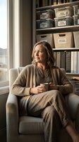 Middle-aged Caucasian woman relaxing in organized home office with coffee, sitting in comfortable chair near window with labeled storage boxes and files.